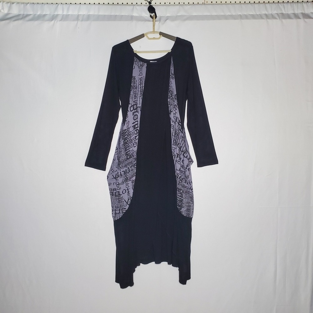 Completo Lino Midi Dress Medium Lagenlook Boho Artsy Stretch Black Layered
